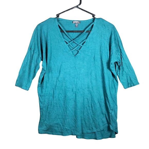 Express Womens Shirt Dark Teal 3/4 Sleeve Open Cross Chest Modal Blend Small - Picture 1 of 12